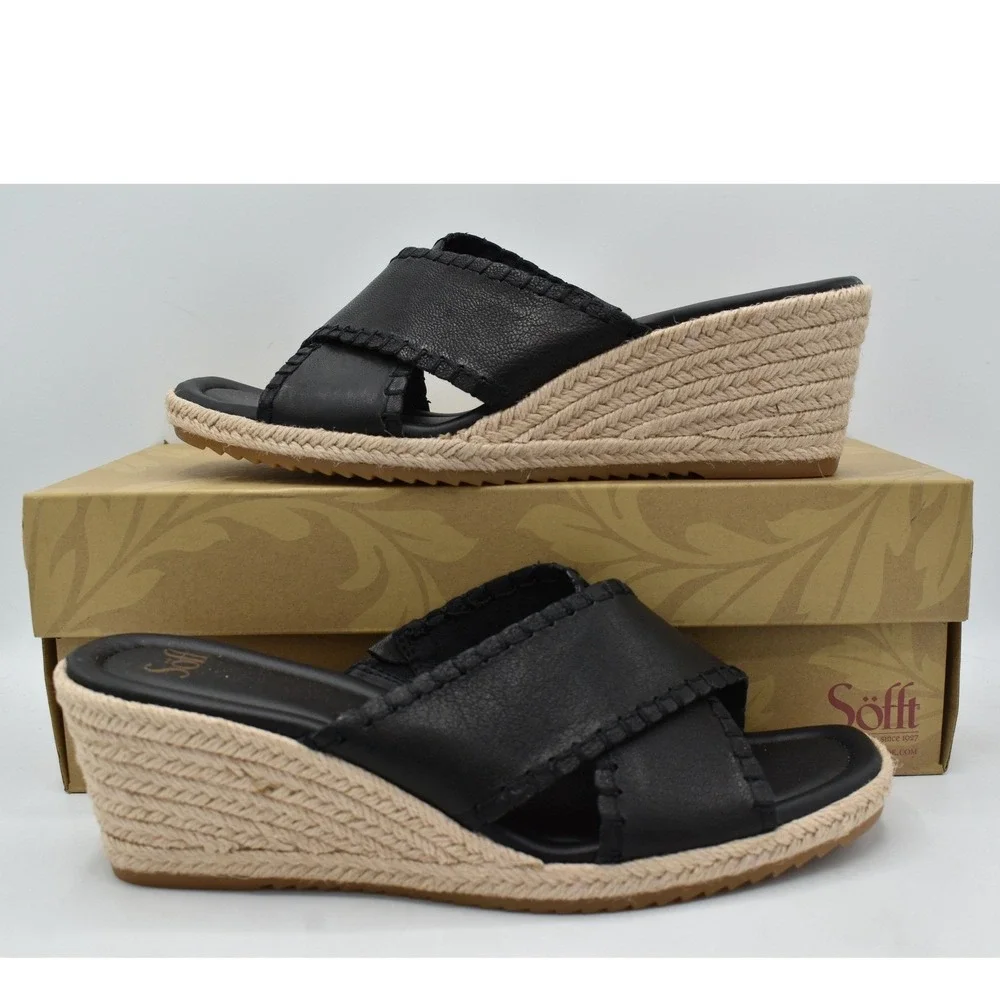 Sofft Women 11 Indie Black Leather Crisscross Espadrille Wedge Sandals Shoes